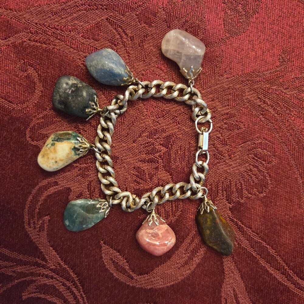 Vintage Natural Gemstone Charm Bracelet W/Multi color Natural Stones